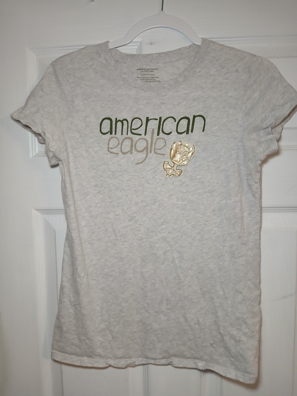 American Eagle Outfitters Women's Light Gray Logo Tee with Gold Accent